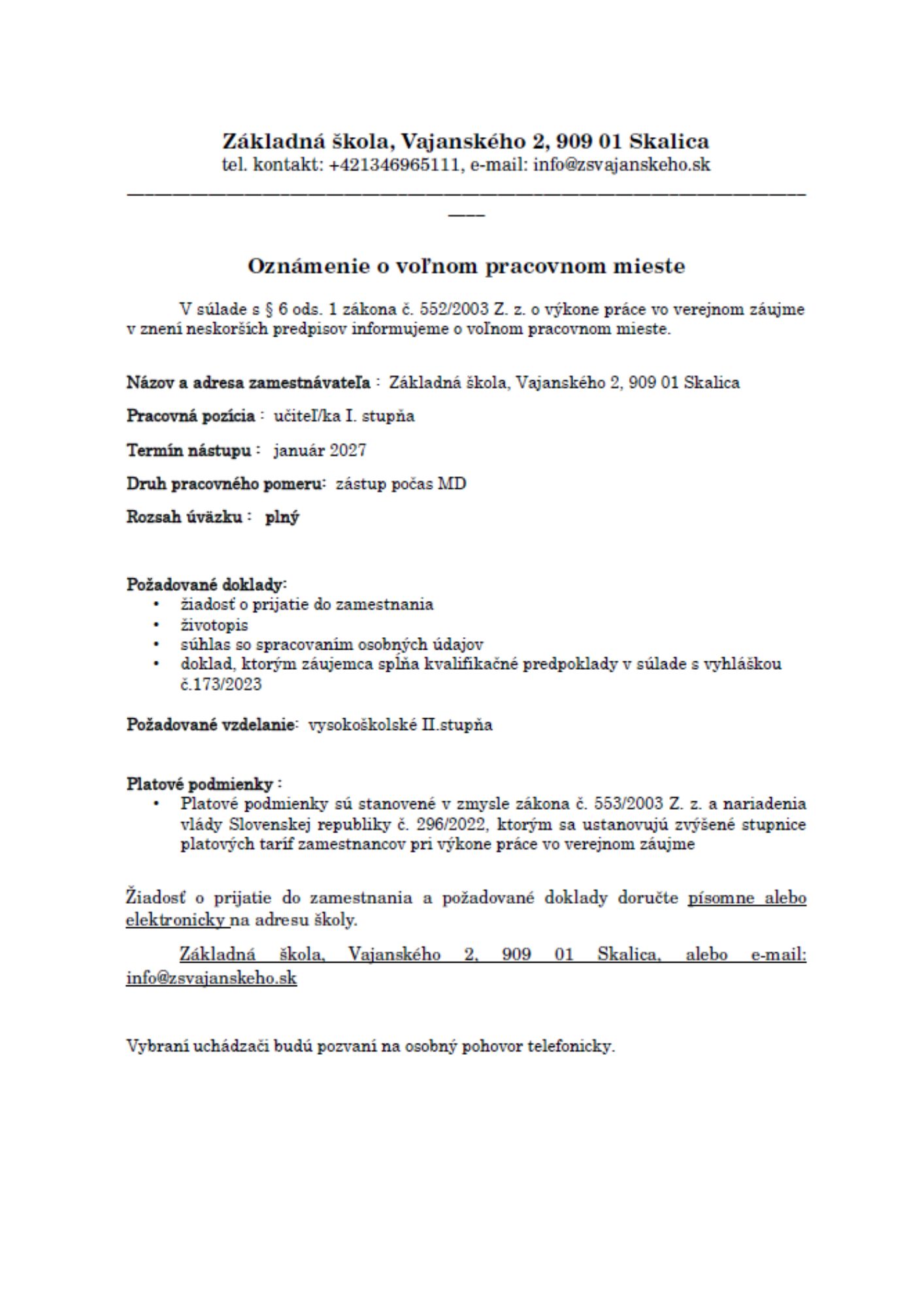 voĺné pracovné miesto